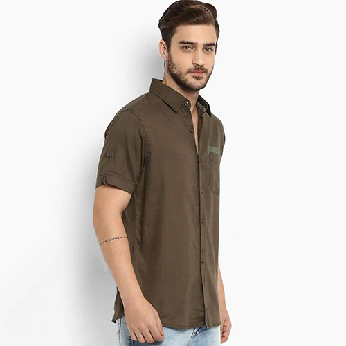 Brown Olive Solid Half Sleeves Cotton Shirt