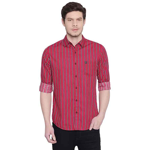 Red Mens Striped Casual Full Sleeved Shirt