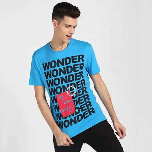 Washable Mens Round Neck Blue T-Shirt