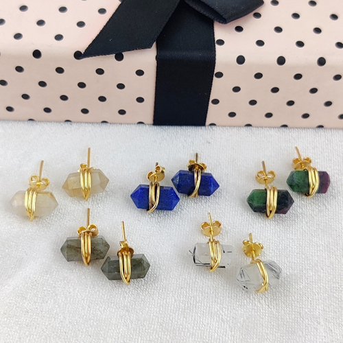 Lapis lazuli Gemstone Two Side Point Silver Gold Vermeil Wire Wrapped Stud