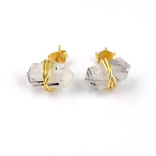 Black Rutile Gemstone Point Silver Gold Vermeil Wire Wrapped Stud