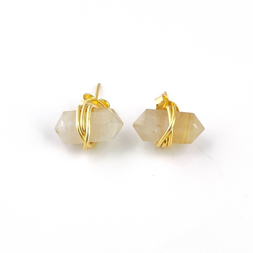 Golden Rutile Gemstone Point Silver Gold Vermeil Wire Wrapped Stud