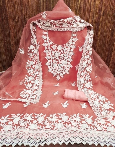 Embroidered Dipika Peach Organza Dress Material