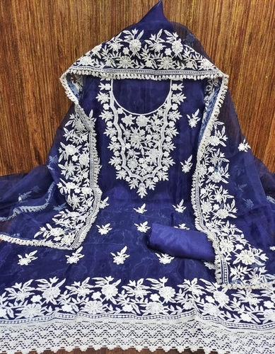Embroidered Dipika Royal Blue Organza Dress Material