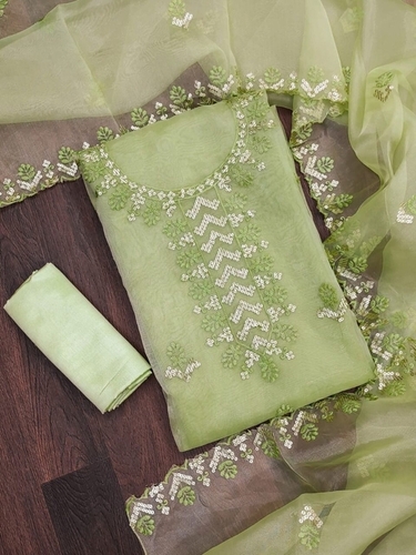 Embroidered Pakhi Pista Organza Dress Material