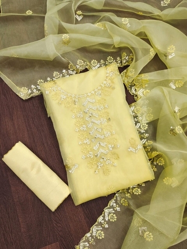 Embroidered Pakhi Yellow Organza Dress Material