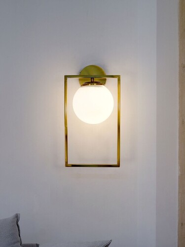 Modern Antique Gold Rectangular Ring Wall Lamp Light with Frosted Glass Globe
