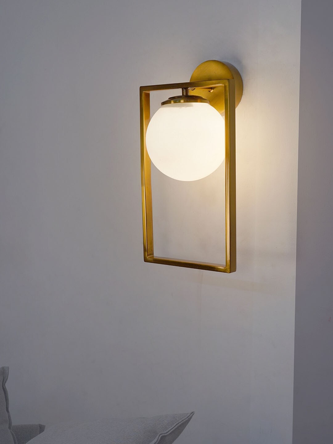 Modern Antique Gold Rectangular Ring Wall Lamp Light with Frosted Glass Globe