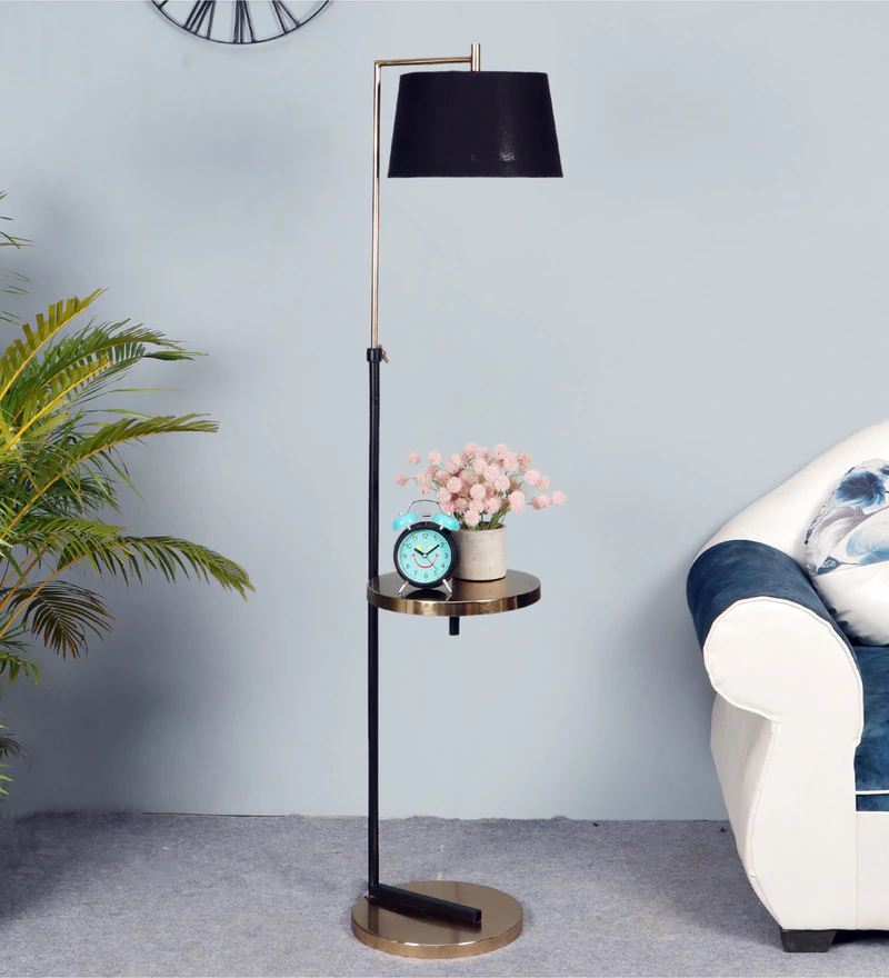 Black Iron Cloth Shade Floor Table Lamp With Black Brass Base By Sapphire