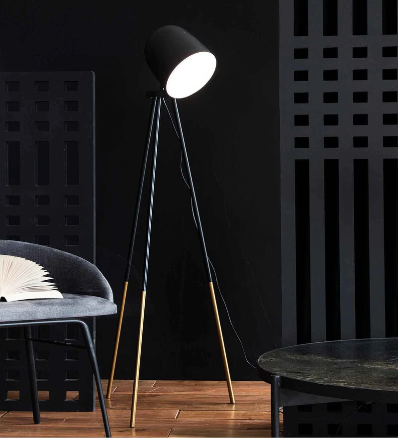 Black Iron Shade Floor Lamp With Black And Gold Base Handcrafted By Orange Tree