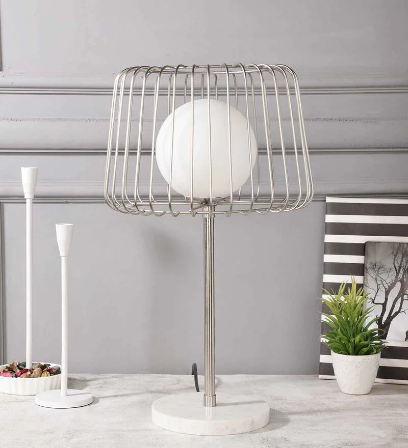 Caged Orb Silver Table Lamp With White Marble Base For Home Decoration Living Room Office Room