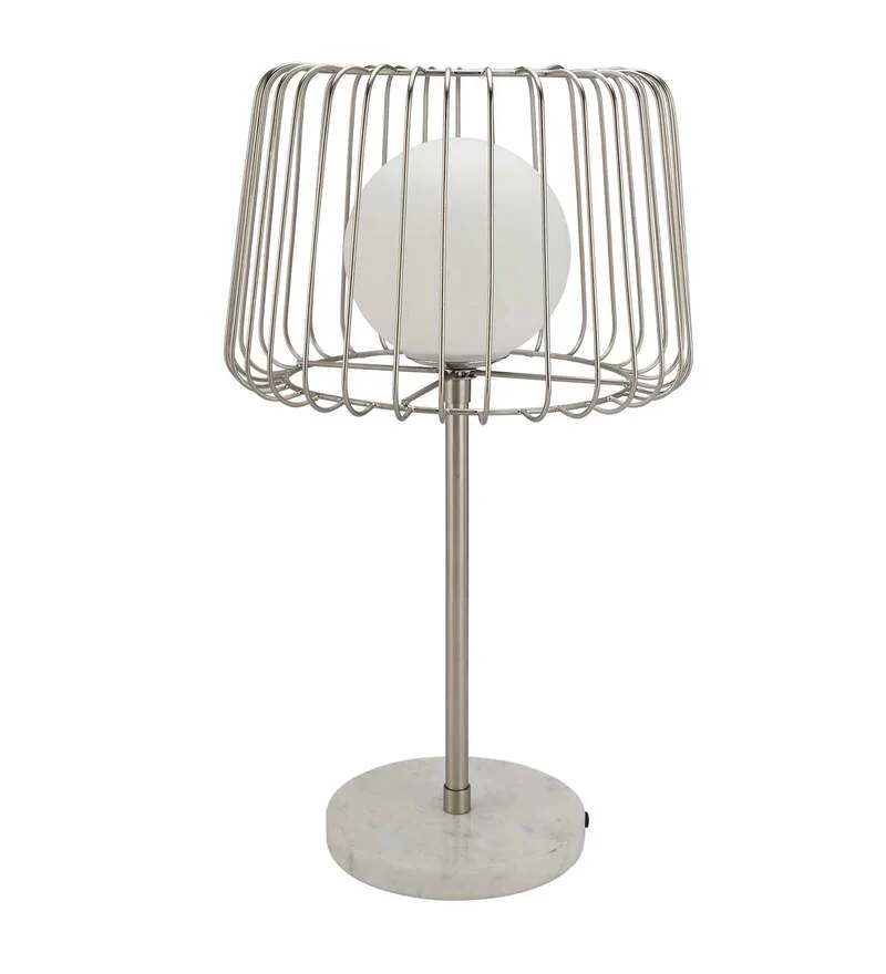 Caged Orb Silver Table Lamp With White Marble Base For Home Decoration Living Room Office Room
