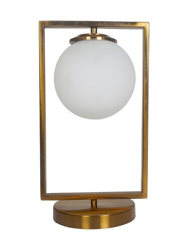 Mid Century Modern Antique Gold Rectangular Ring Table Lamp with Frosted Glass Globe