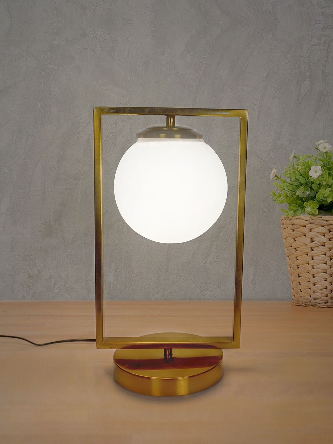 Mid Century Modern Antique Gold Rectangular Ring Table Lamp with Frosted Glass Globe
