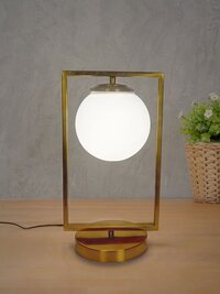 Mid Century Modern Antique Gold Rectangular Ring Table Lamp with Frosted Glass Globe