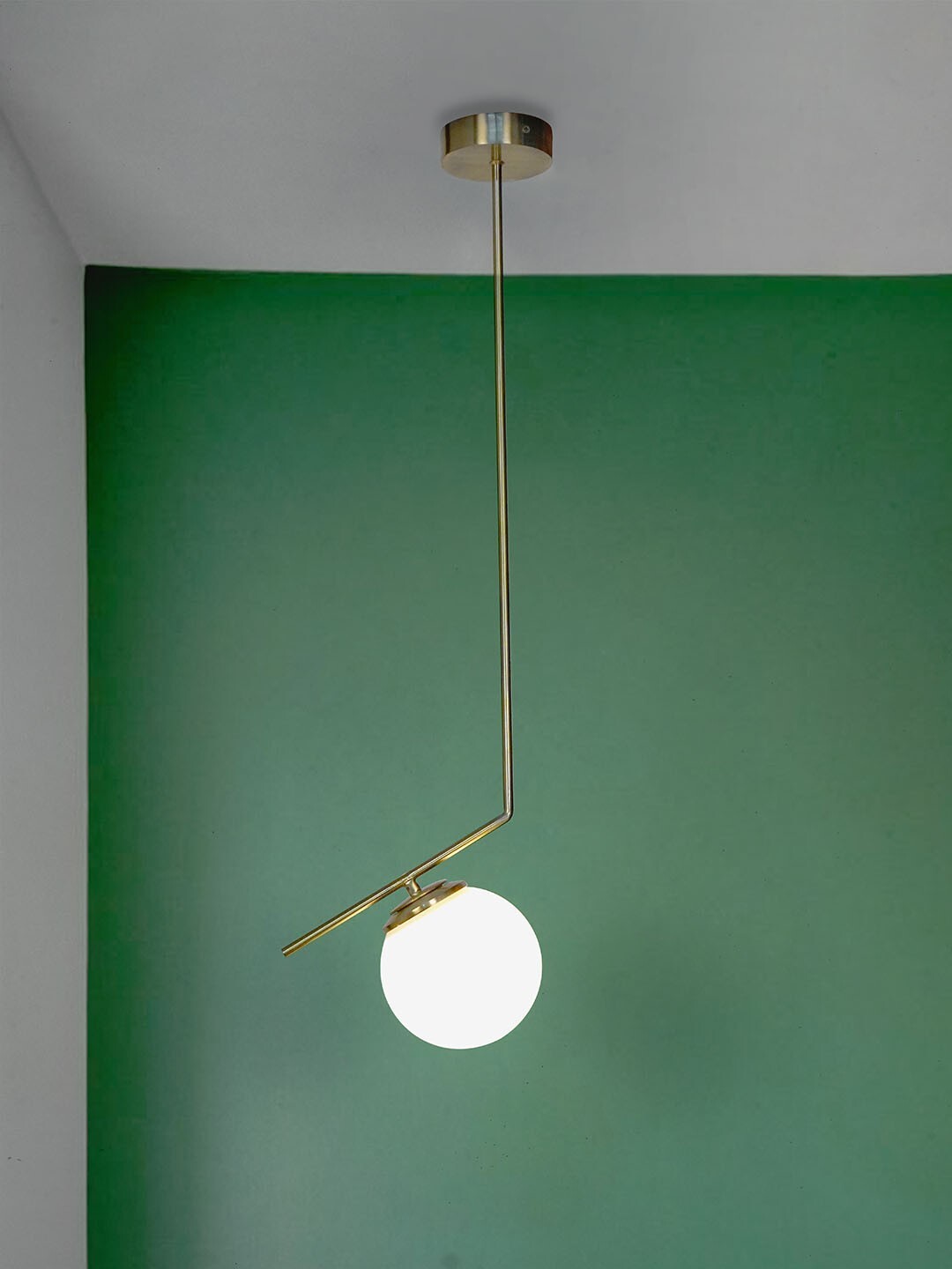 Modern Steel Tangent Ceiling Light Pendant in Matt Gold Finish and Frosted Glass Globe