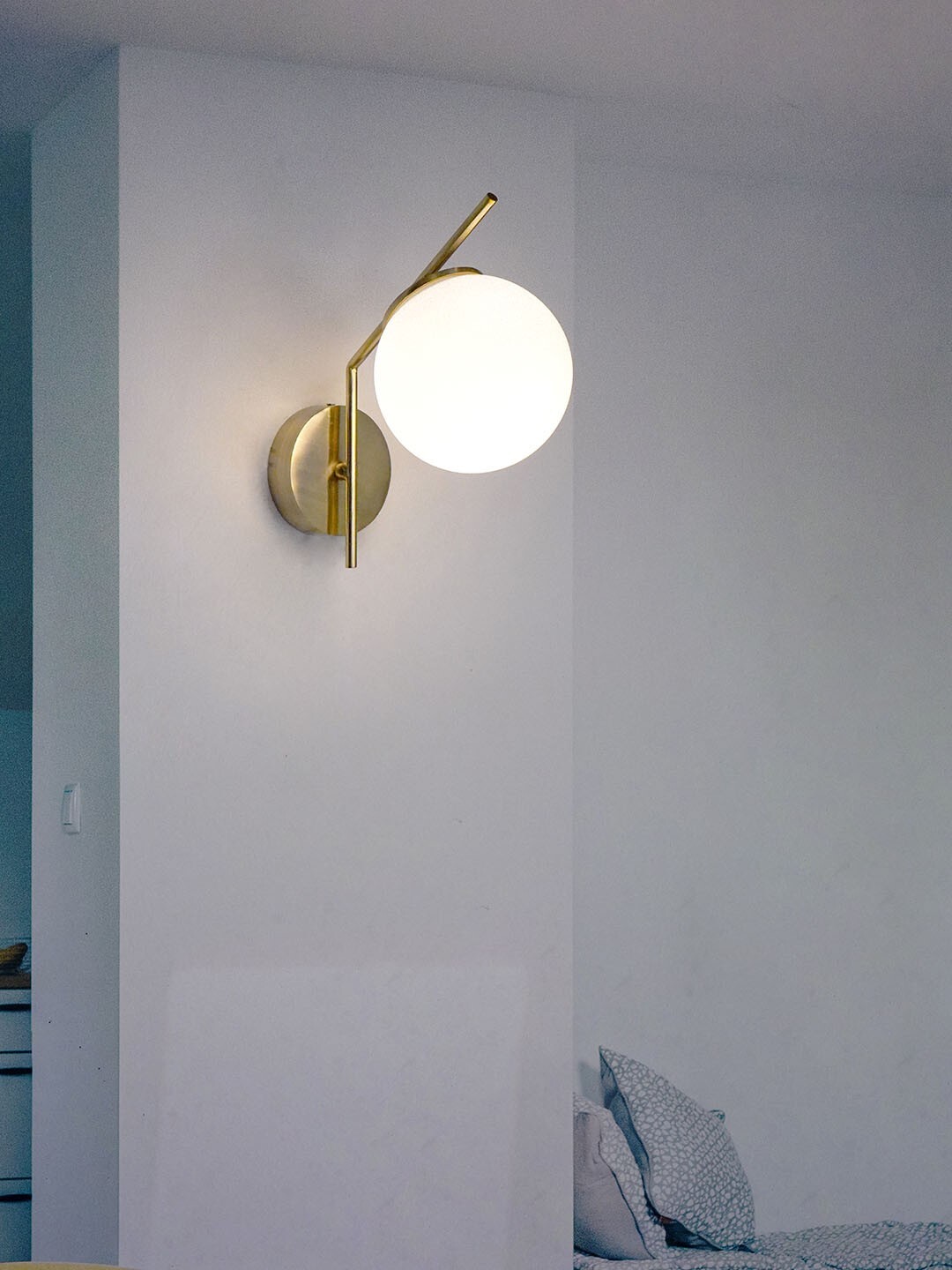 Modern Steel Tangent Wall Lamp Sconce in Matt Gold Finish and Frosted Glass Globe