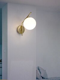 Modern Steel Tangent Wall Lamp Sconce in Matt Gold Finish and Frosted Glass Globe