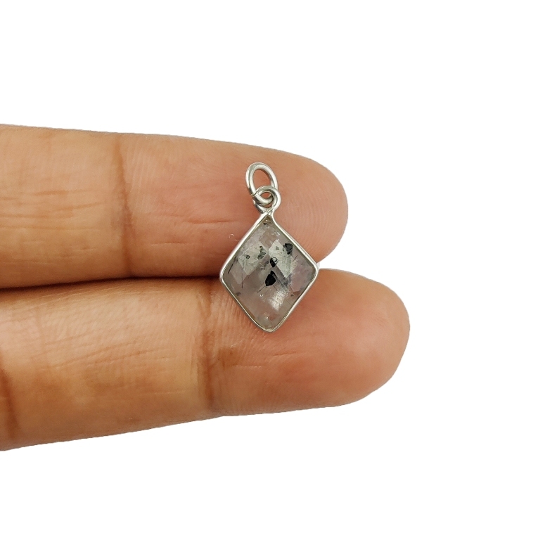 Black Rutile Gemstone Diamond Shape Sterling Silver 11x13mm Bezel Charm