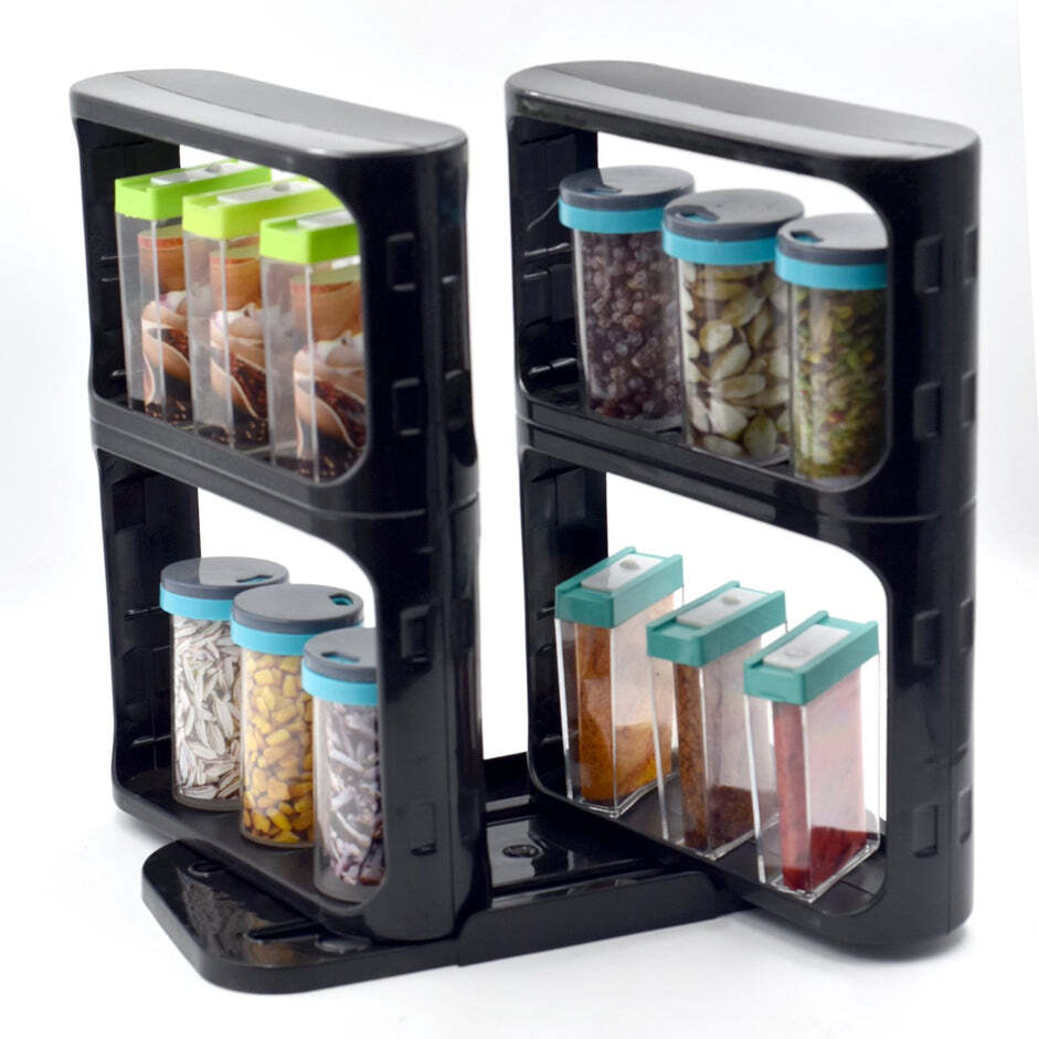 CABINET CADDY MODULAR ROTATING SPICE RACK MULTI-FUNCTIONAL ORGANIZER RACK TWO 2-TIERED SHELVES WITH BASE (2621)