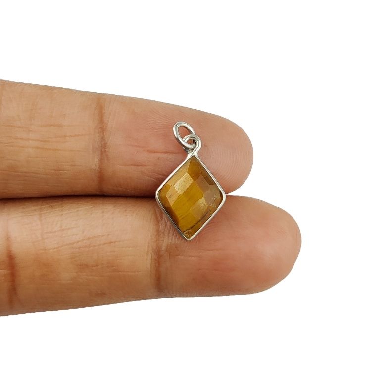 Tiger Eye Gemstone Diamond Shape Sterling Silver 11x13mm Bezel Charm