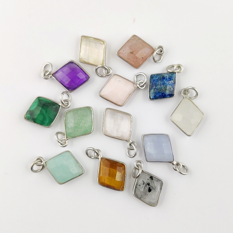 Gemstone Diamond Shape Sterling Silver 11x13mm Bezel Charm