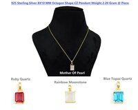 925 Sterling Silver Cubic Zirconia Gold Plated Pendant - 9x20 Mm Pendant Size, 8x10 Mm Stone Size, Multi Gemstone Octagon Shape, 2.20 Gram Weight