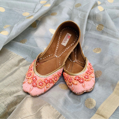 Peach Lace Punjabi Juttis With Bead Work