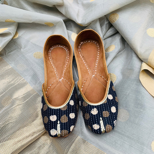 Navy Blue Juttis With Hand Done Polka Dots