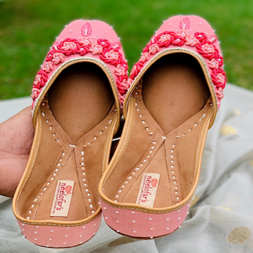 Candy Pink Spring Thread Embroidered Genuine Leather Juttis