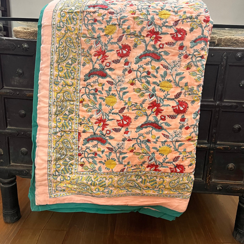 Hand Blocked Floral Print Reversible Double Quilt