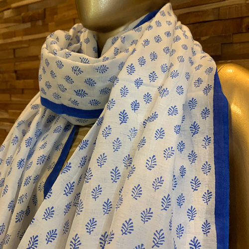 38 x 72 Inches Blue and White Hand Block Printed Stoles