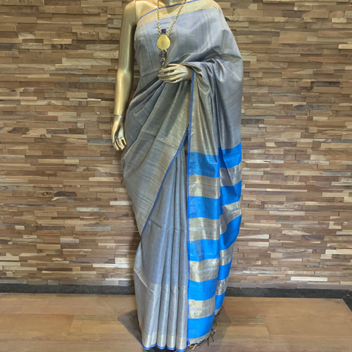 6.5 meters Grey Tussar Saree with Blue Zari Border