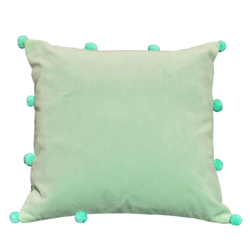 Cotton Velvet Bright Sea Green Cushion Covers With Pomp Pomps
