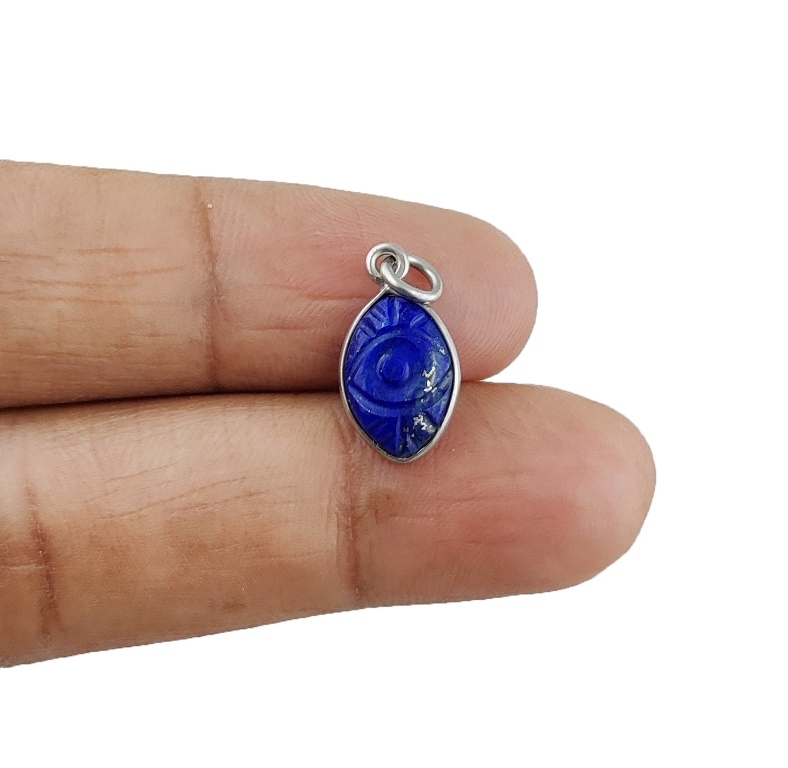 Lapis lazuli Evil Eye Carving Sterling Silver Marquise Shape 8x12mm Charm