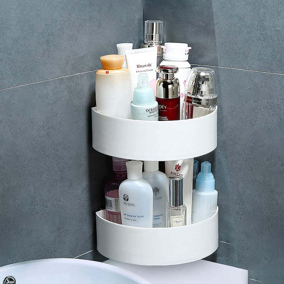 4033 CORNER SHELF BATHROOM KITCHEN RACK SELF ADHESIVE SHOWER CADDY PLASTIC TRIANGLE WALL MOUNT STORAGE BASKET (4033)