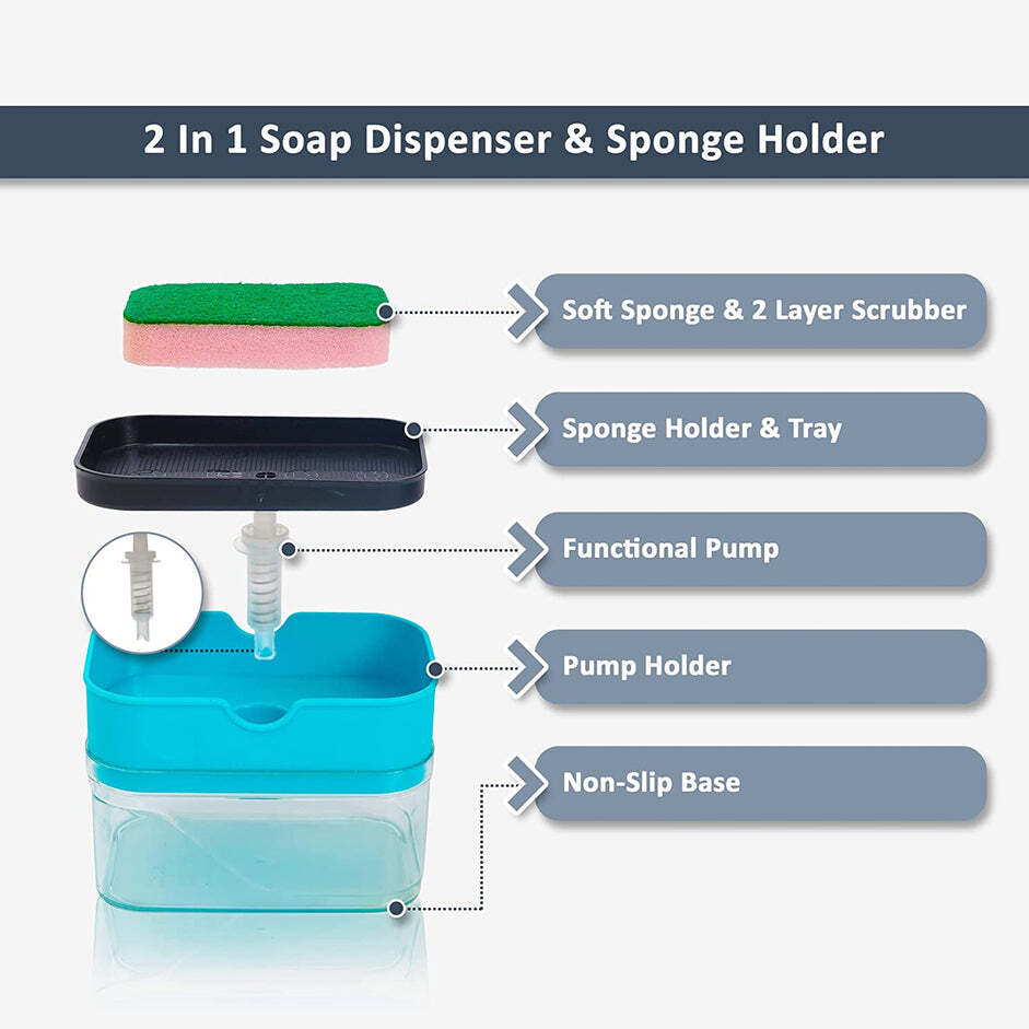 2IN1 SPONGE HOLDER SOAP DISPENSER MANUALPRESS LIQUID PUMP STORAGE (6212)
