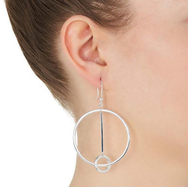 925 Sterling Silver Handmade Halcyon Double Hoop And Bar Drop Hoop Earrings