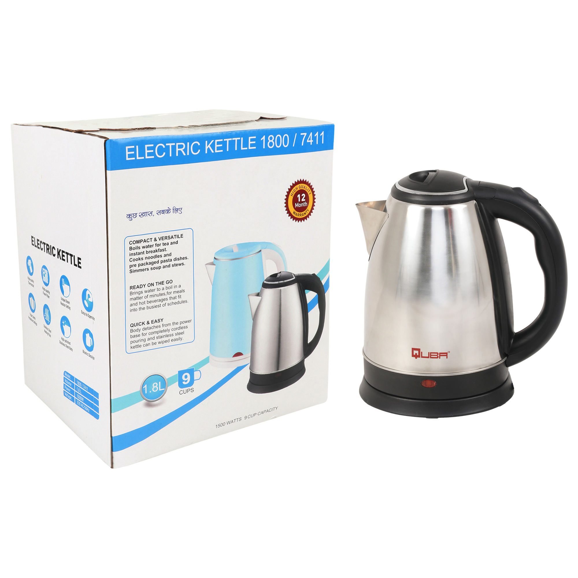 1.8 LITER STAINLESS STEEL ELECTRIC  CORDLESS KETTLE