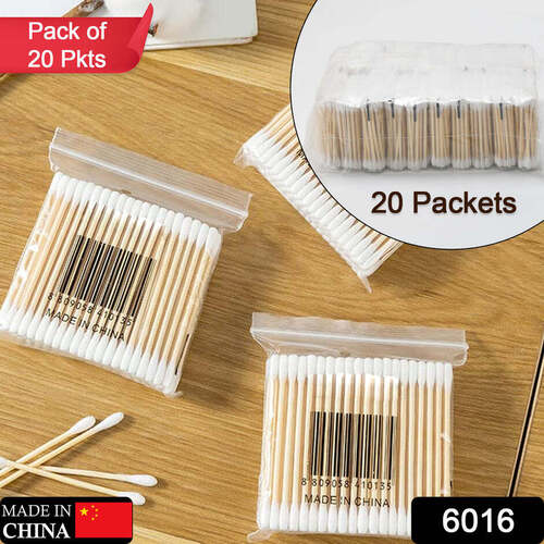 COTTON SWABS BAMBOO WITH WOODEN HANDLES FOR MAKEUP CLEAN CARE EAR CLEANING WOUND CARE COSMETIC TOOL DOUBLE HEAD BIODEGRADABLE ECO FRIENDLY (PACK OF 20) (6016)