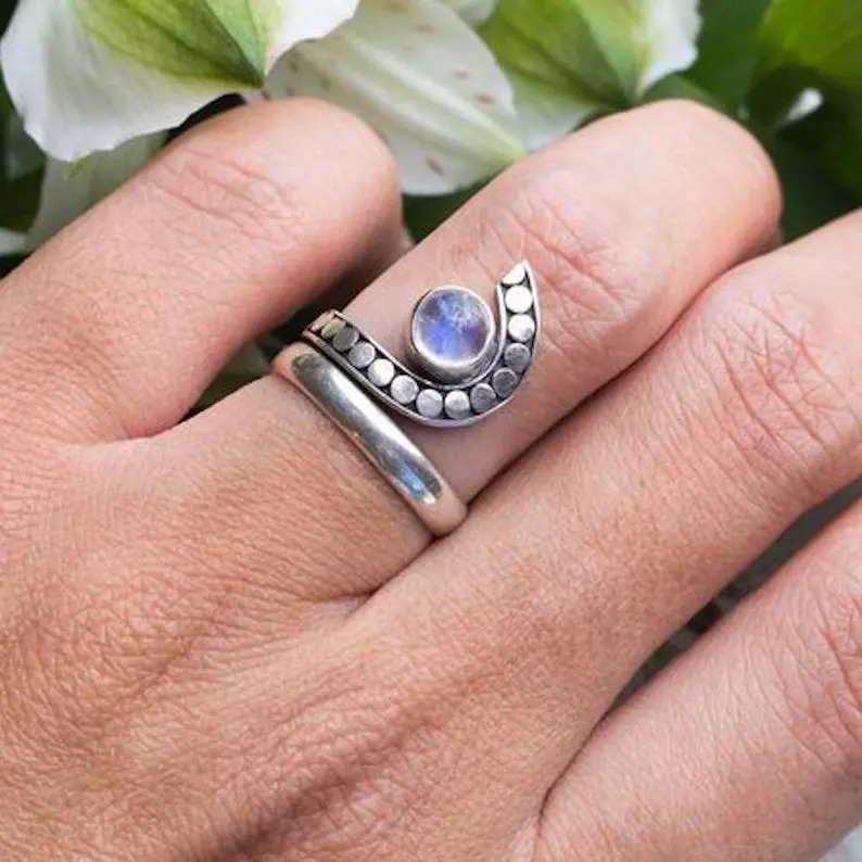 Rainbow Moonstone Round Cabochon Eye Statement Silver Gemstone Ring