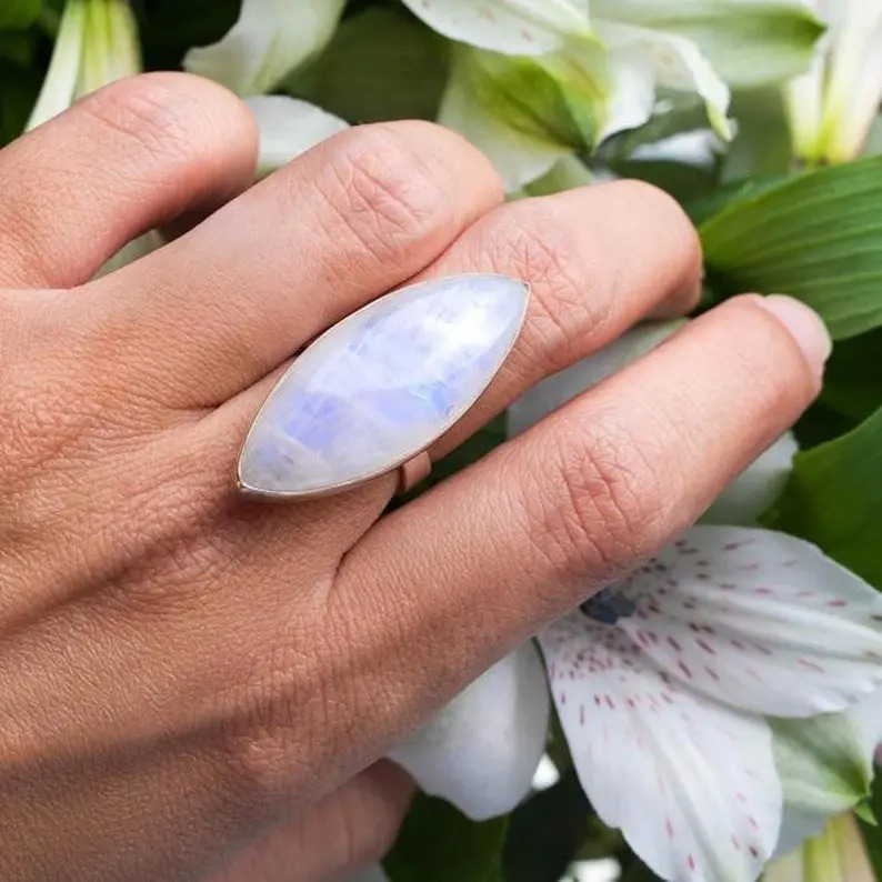 925 Sterling Silver Attractive Rainbow Moonstone Marquise Cabochon Statement Silver Gemstone Ring