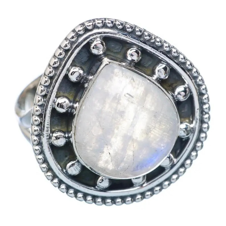 925 Sterling Silver Rainbow Moonstone Pear Cabochon Dual Band Beads Statement Silver Gemstone Ring