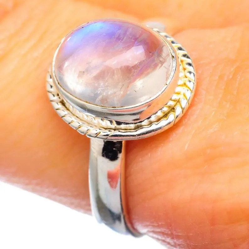 Rainbow Moonstone Oval Cabochon Braided Statement Silver Gemstone Ring