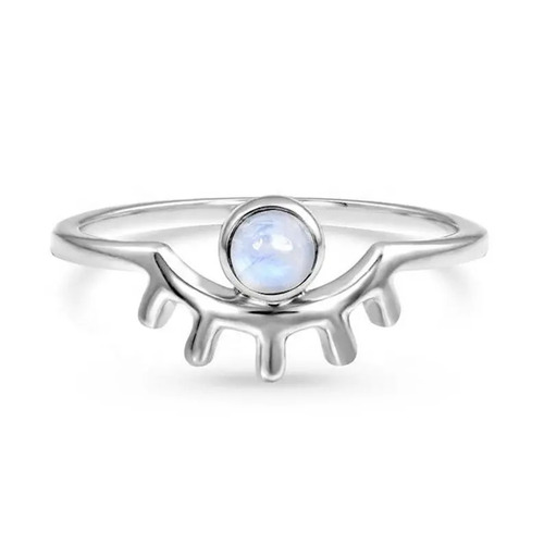 925 Sterling Silver Rainbow Moonstone Round Cabochon Eyelash Statement Silver Gemstone Ring