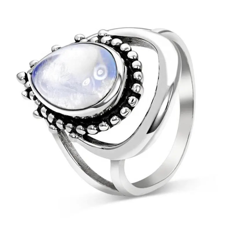 Rainbow Moonstone Pear Cabochon Dual Band Statement Silver Gemstone Ring