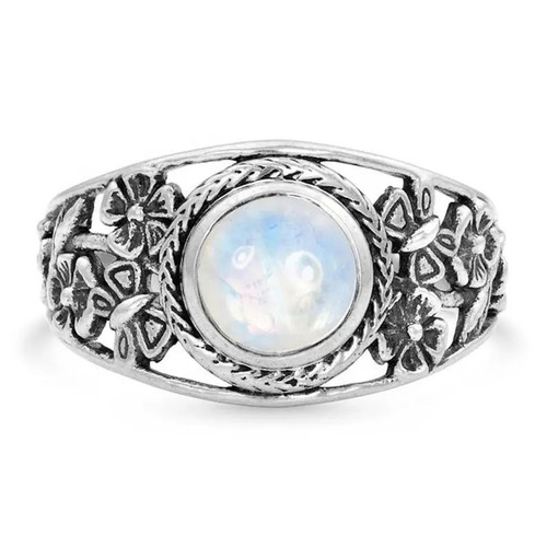 Rainbow Moonstone Round Cabochon floral design Statement Silver Gemstone Ring