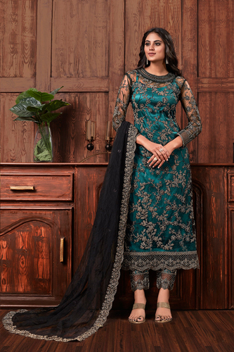 Net Teal Blue Straight Pant Semi-Stitched Suit