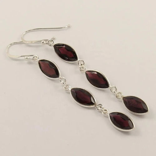 925 Sterling Silver Beautiful Garnet Marquise Stones Long Huge Earrings