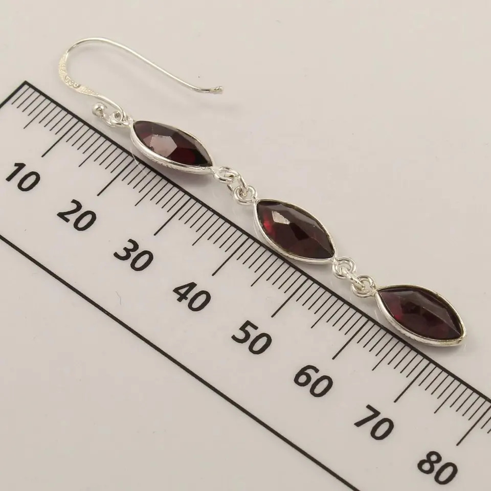 925 Sterling Silver Beautiful Garnet Marquise Stones Long Huge Earrings